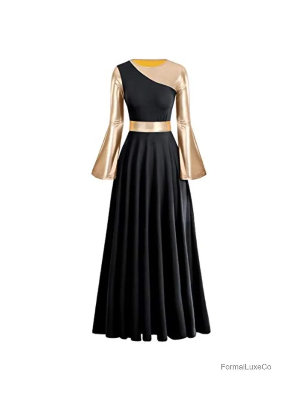 Metallic Gold Pleated Long Sleeve Dance Dress Women Liturgical Praise Worship